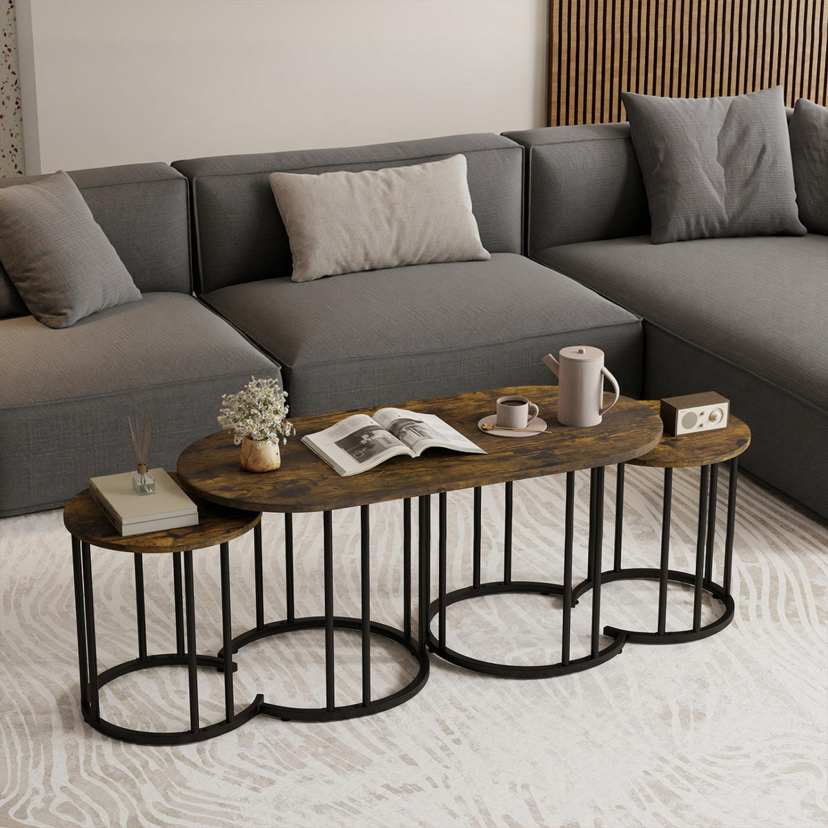 Nesting Coffee Table Set of 3 with Faux Marble Tabletop and Powder-coated Gold Metal Frame-Rustic Brown