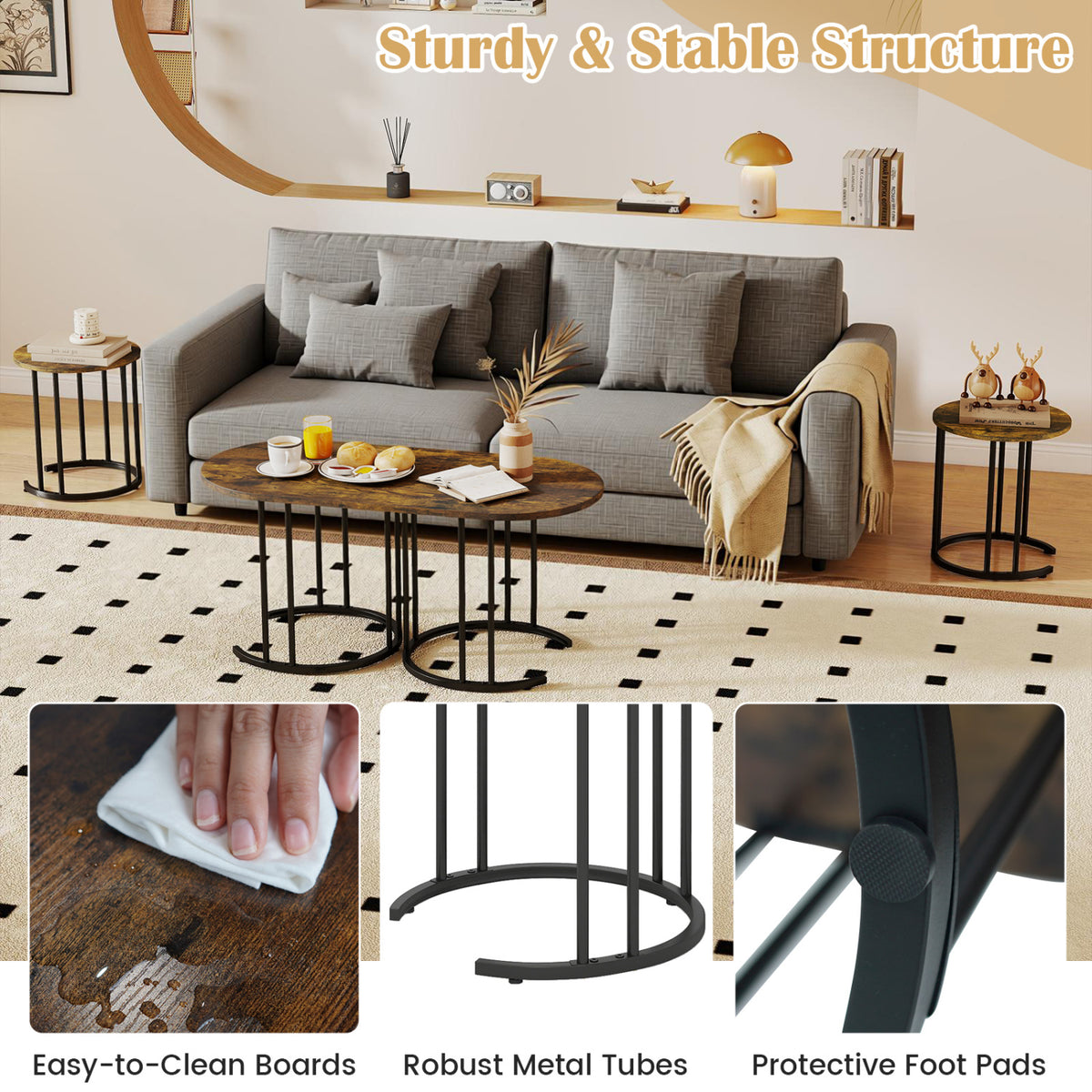 Nesting Coffee Table Set of 3 with Faux Marble Tabletop and Powder-coated Gold Metal Frame-Rustic Brown