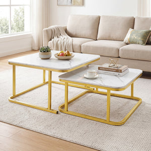 Nesting Coffee Table Set of 2 with Faux Marble Top and Metal Frame-White