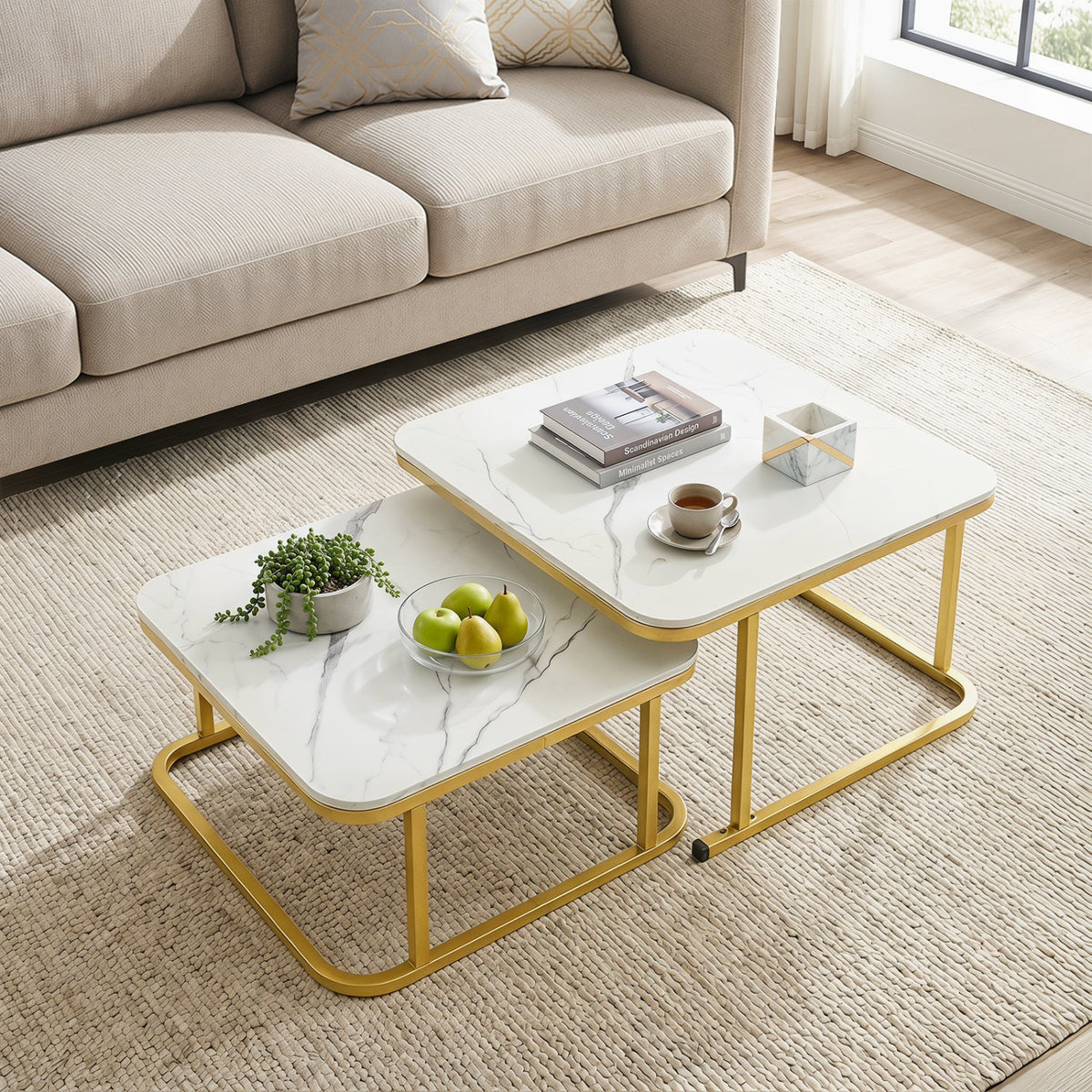 Nesting Coffee Table Set of 2 with Faux Marble Top and Metal Frame-White