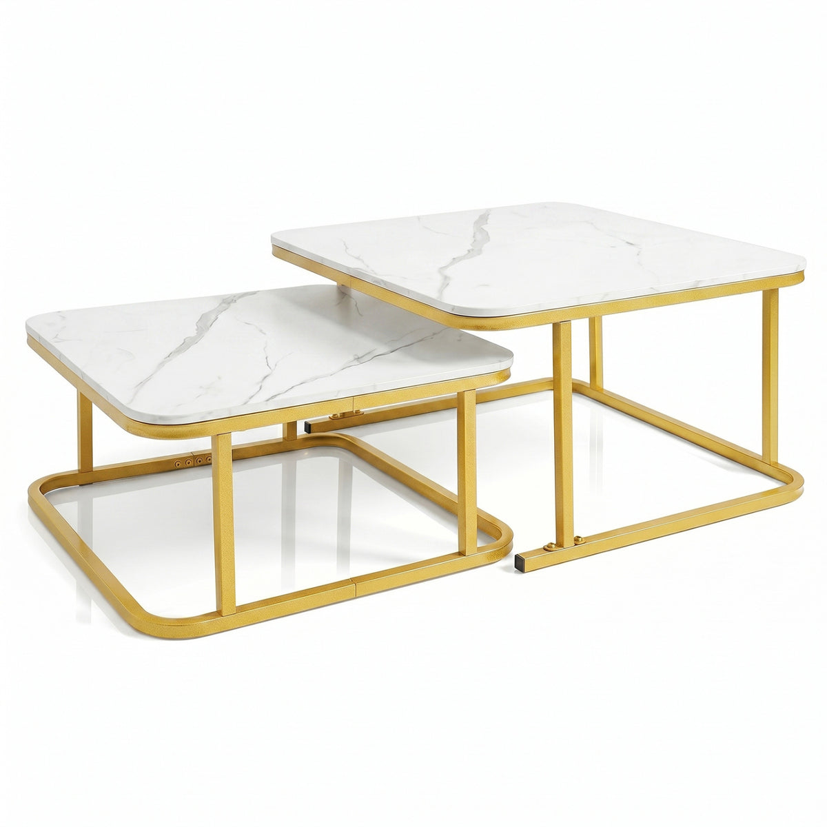 Nesting Coffee Table Set of 2 with Faux Marble Top and Metal Frame-White