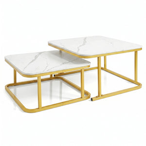 Nesting Coffee Table Set of 2 with Faux Marble Top and Metal Frame-White