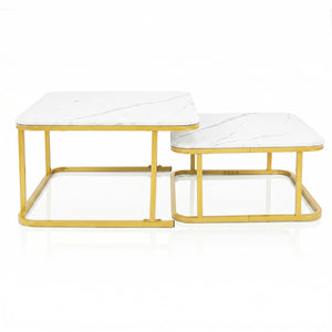 Nesting Coffee Table Set of 2 with Faux Marble Top and Metal Frame-White