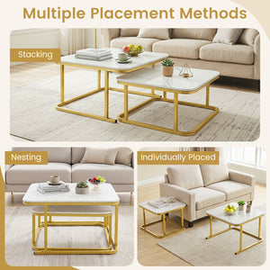 Nesting Coffee Table Set of 2 with Faux Marble Top and Metal Frame-White