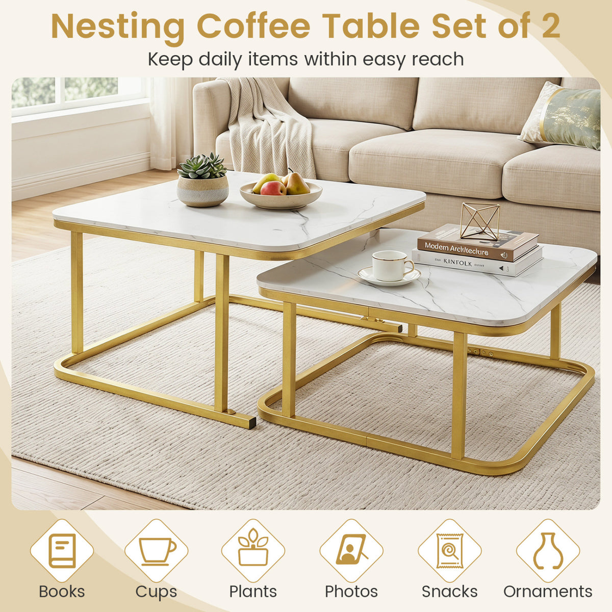 Nesting Coffee Table Set of 2 with Faux Marble Top and Metal Frame-White