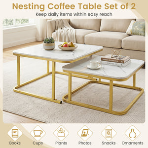Nesting Coffee Table Set of 2 with Faux Marble Top and Metal Frame-White