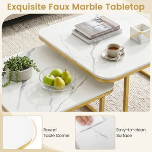 Nesting Coffee Table Set of 2 with Faux Marble Top and Metal Frame-White