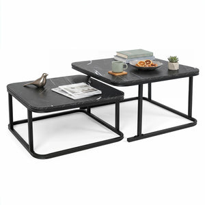 Nesting Coffee Table Set of 2 with Faux Marble Top and Metal Frame-Black