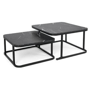 Nesting Coffee Table Set of 2 with Faux Marble Top and Metal Frame-Black