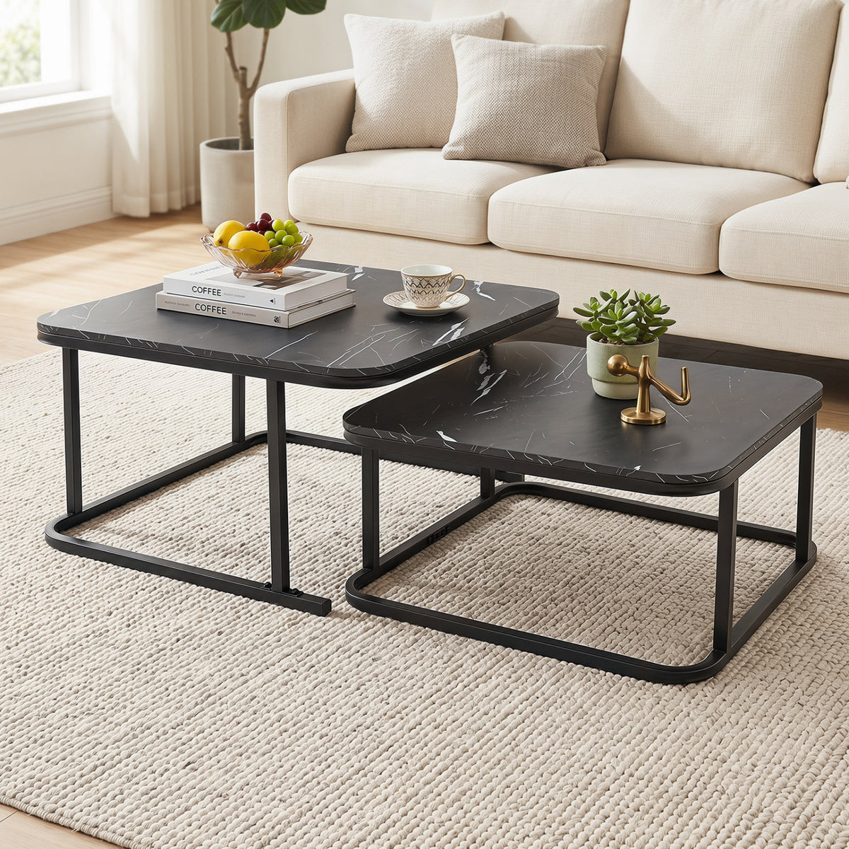 Nesting Coffee Table Set of 2 with Faux Marble Top and Metal Frame-Black