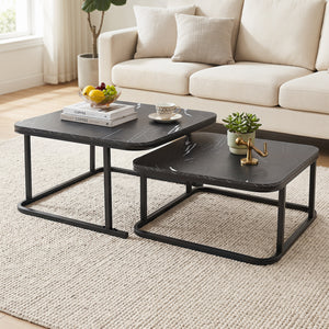 Nesting Coffee Table Set of 2 with Faux Marble Top and Metal Frame-Black