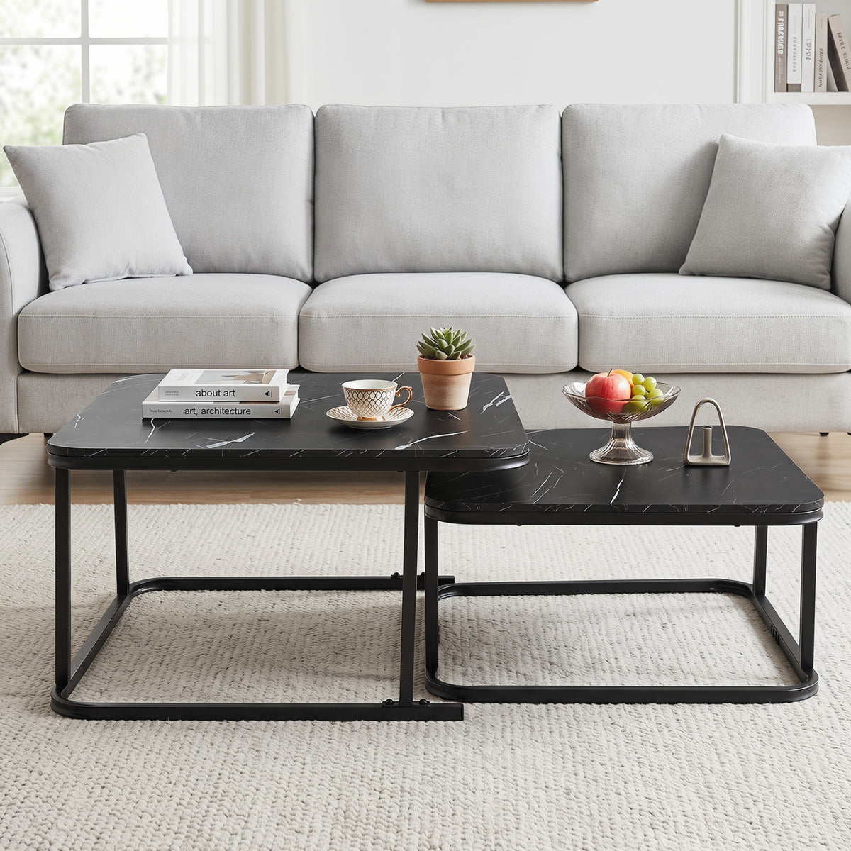 Nesting Coffee Table Set of 2 with Faux Marble Top and Metal Frame-Black