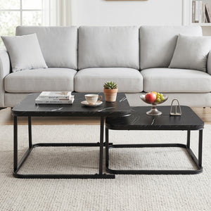 Nesting Coffee Table Set of 2 with Faux Marble Top and Metal Frame-Black