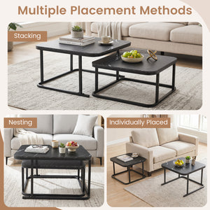 Nesting Coffee Table Set of 2 with Faux Marble Top and Metal Frame-Black