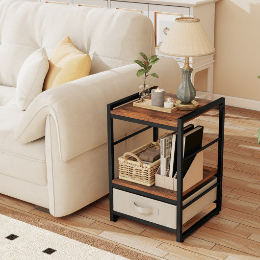 Nightstand Industrial Bedside Table with Open Storage Shelf and Fabric Drawer-Rustic Brown