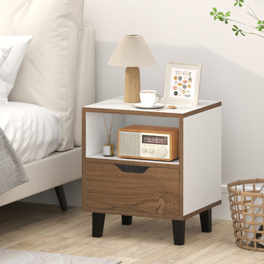 Nightstand with Drawer and Open Storage Shelf for Bedroom-White