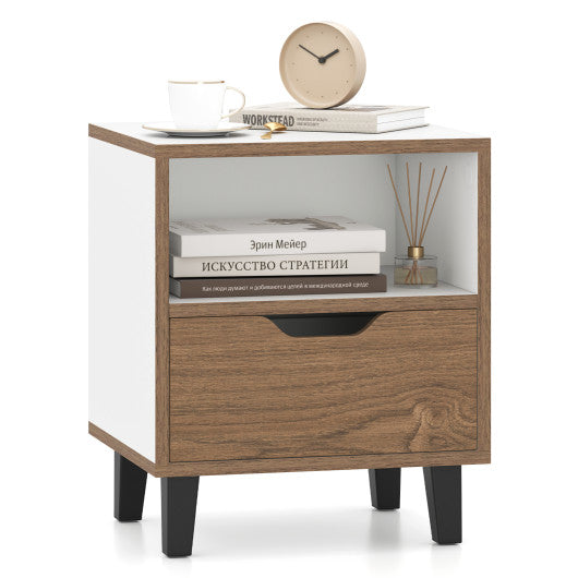 Nightstand with Drawer and Open Storage Shelf for Bedroom-White
