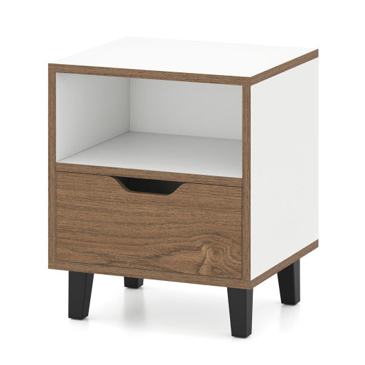 Nightstand with Drawer and Open Storage Shelf for Bedroom-White