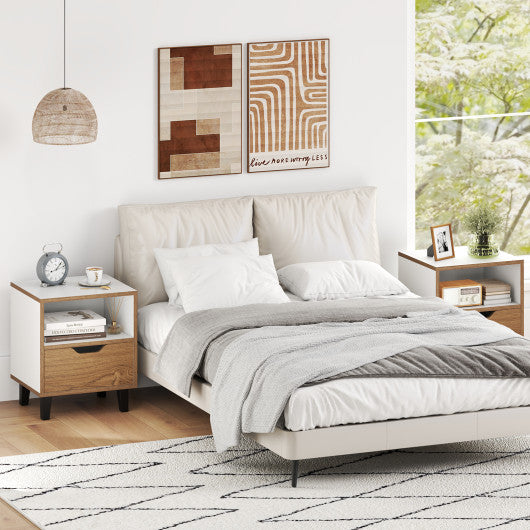 Nightstand Set of 2 with Drawer and Open Storage Shelf for Bedroom-White