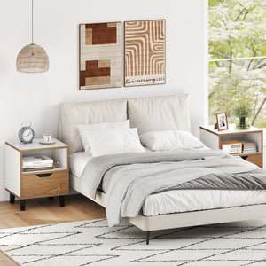 Nightstand Set of 2 with Drawer and Open Storage Shelf for Bedroom-White