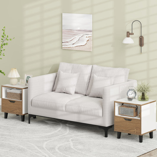 Nightstand Set of 2 with Drawer and Open Storage Shelf for Bedroom-White