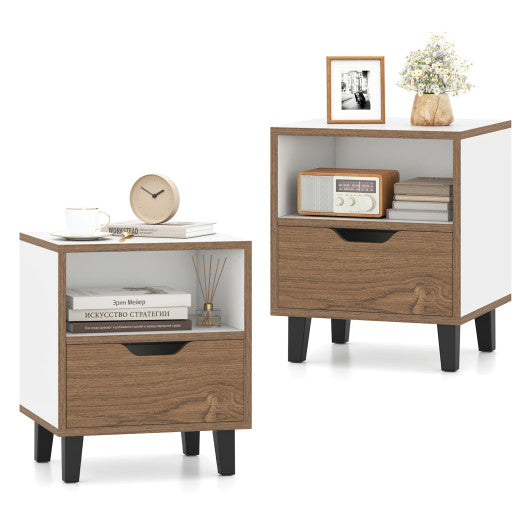 Nightstand Set of 2 with Drawer and Open Storage Shelf for Bedroom-White
