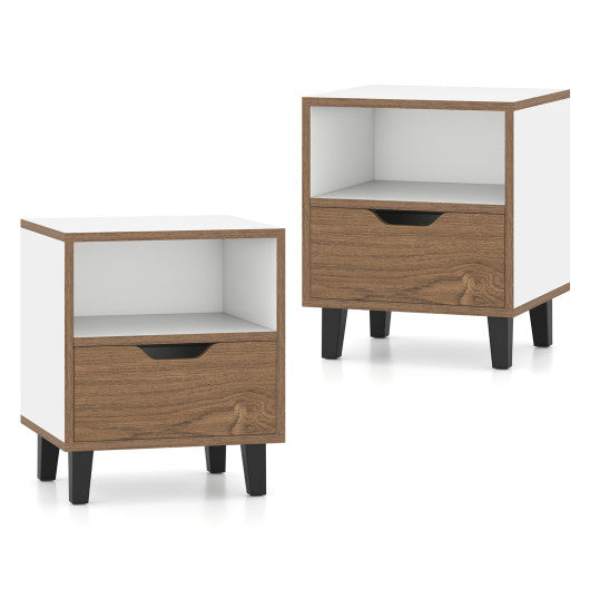 Nightstand Set of 2 with Drawer and Open Storage Shelf for Bedroom-White