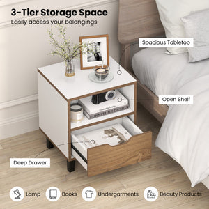 Nightstand Set of 2 with Drawer and Open Storage Shelf for Bedroom-White