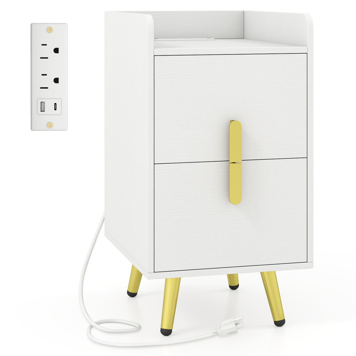 Nightstand Side Tables with 2 Drawers and 2 USB Ports-White