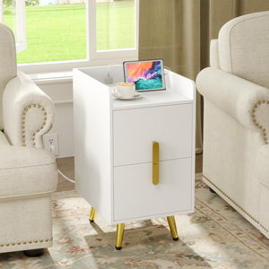 Nightstand Side Tables with 2 Drawers and 2 USB Ports-White