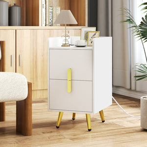 Nightstand Side Tables with 2 Drawers and 2 USB Ports-White