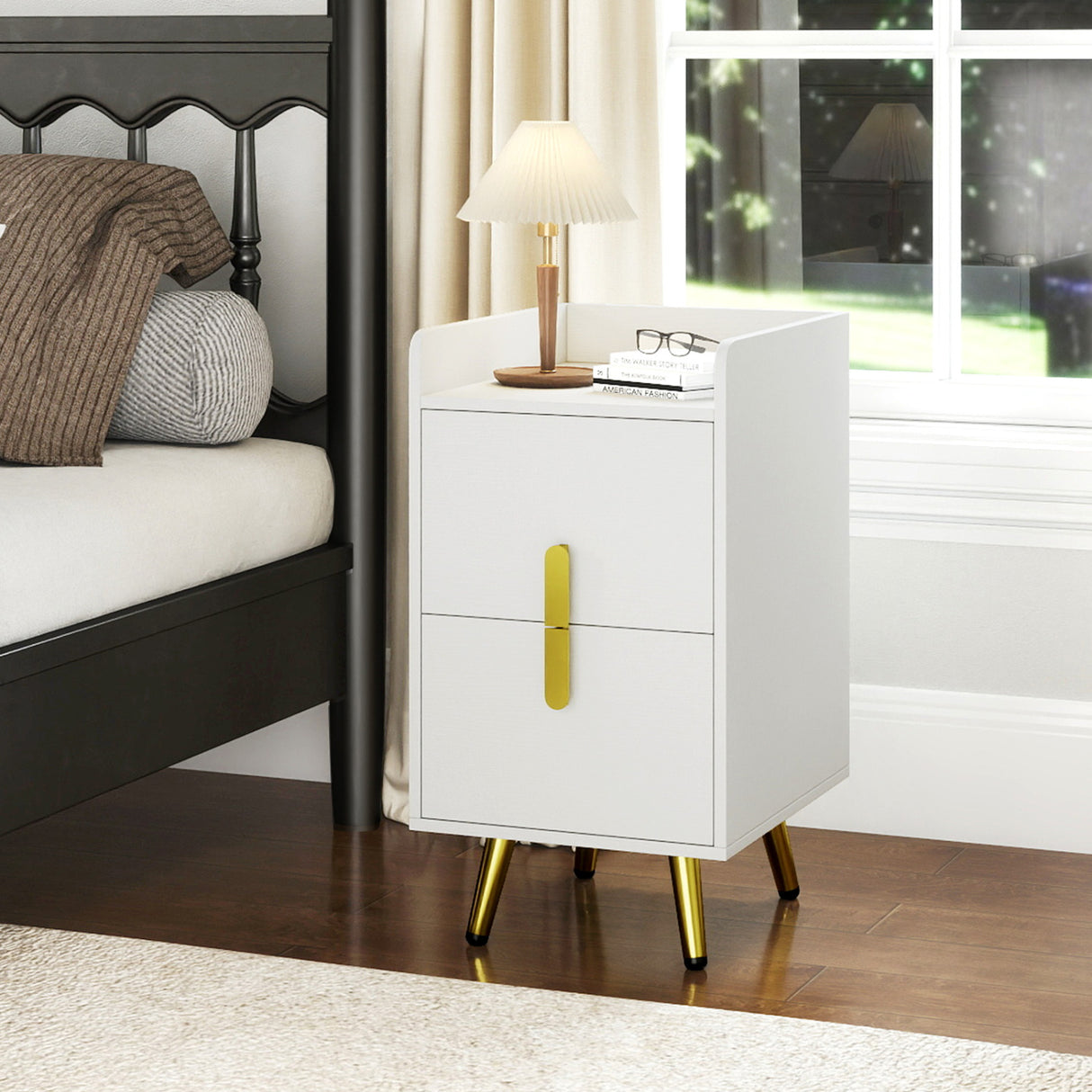 Nightstand Side Tables with 2 Drawers and 2 USB Ports-White