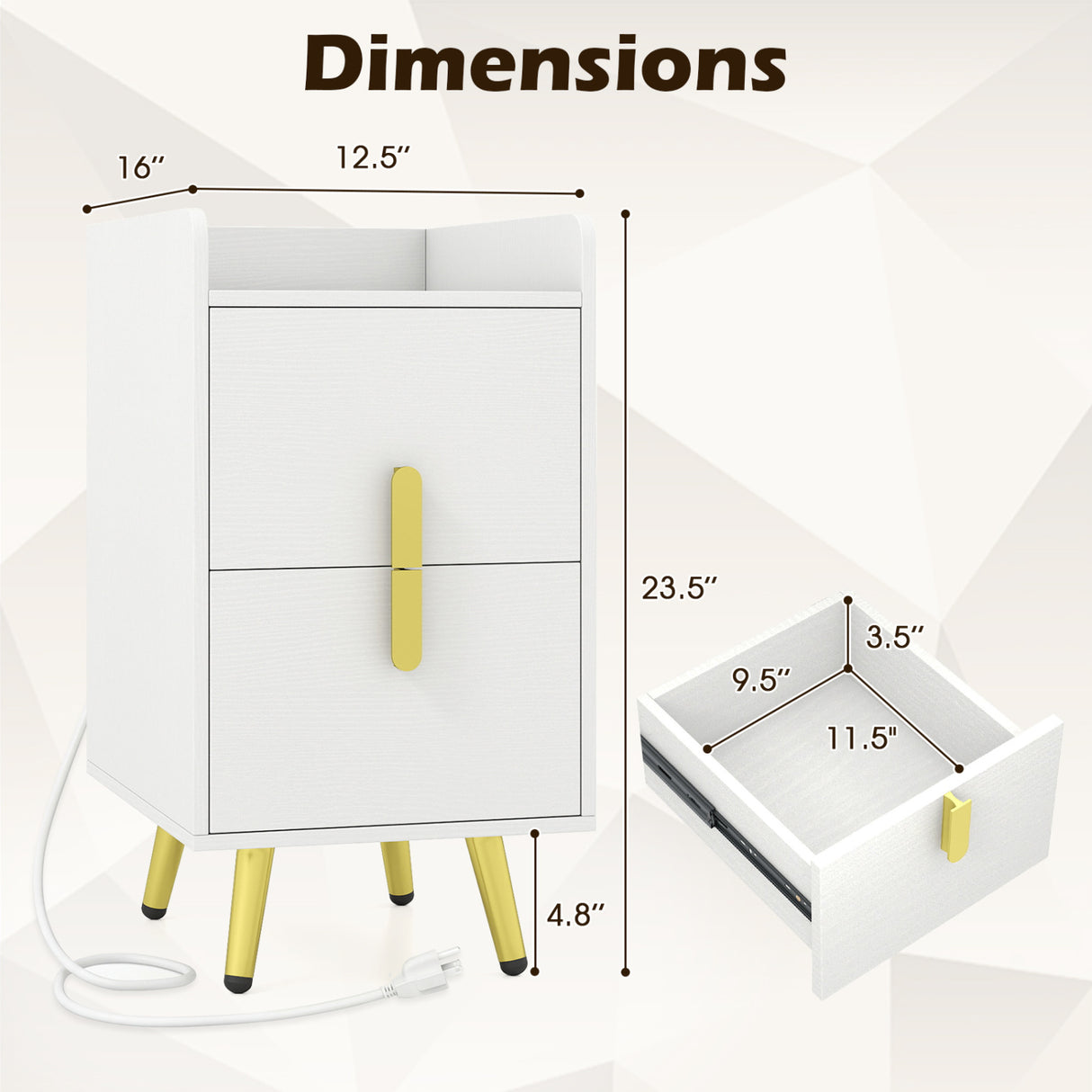 Nightstand Side Tables with 2 Drawers and 2 USB Ports-White