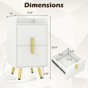 Nightstand Side Tables with 2 Drawers and 2 USB Ports-White