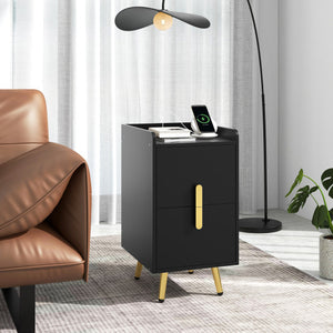 Nightstand Side Tables with 2 Drawers and 2 USB Ports-Black
