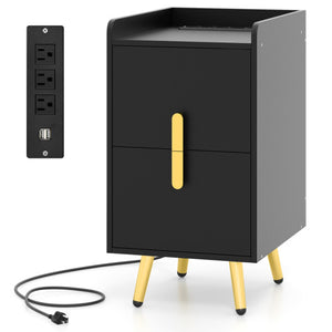 Nightstand Side Tables with 2 Drawers and 2 USB Ports-Black