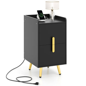 Nightstand Side Tables with 2 Drawers and 2 USB Ports-Black