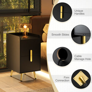 Nightstand Side Tables with 2 Drawers and 2 USB Ports-Black