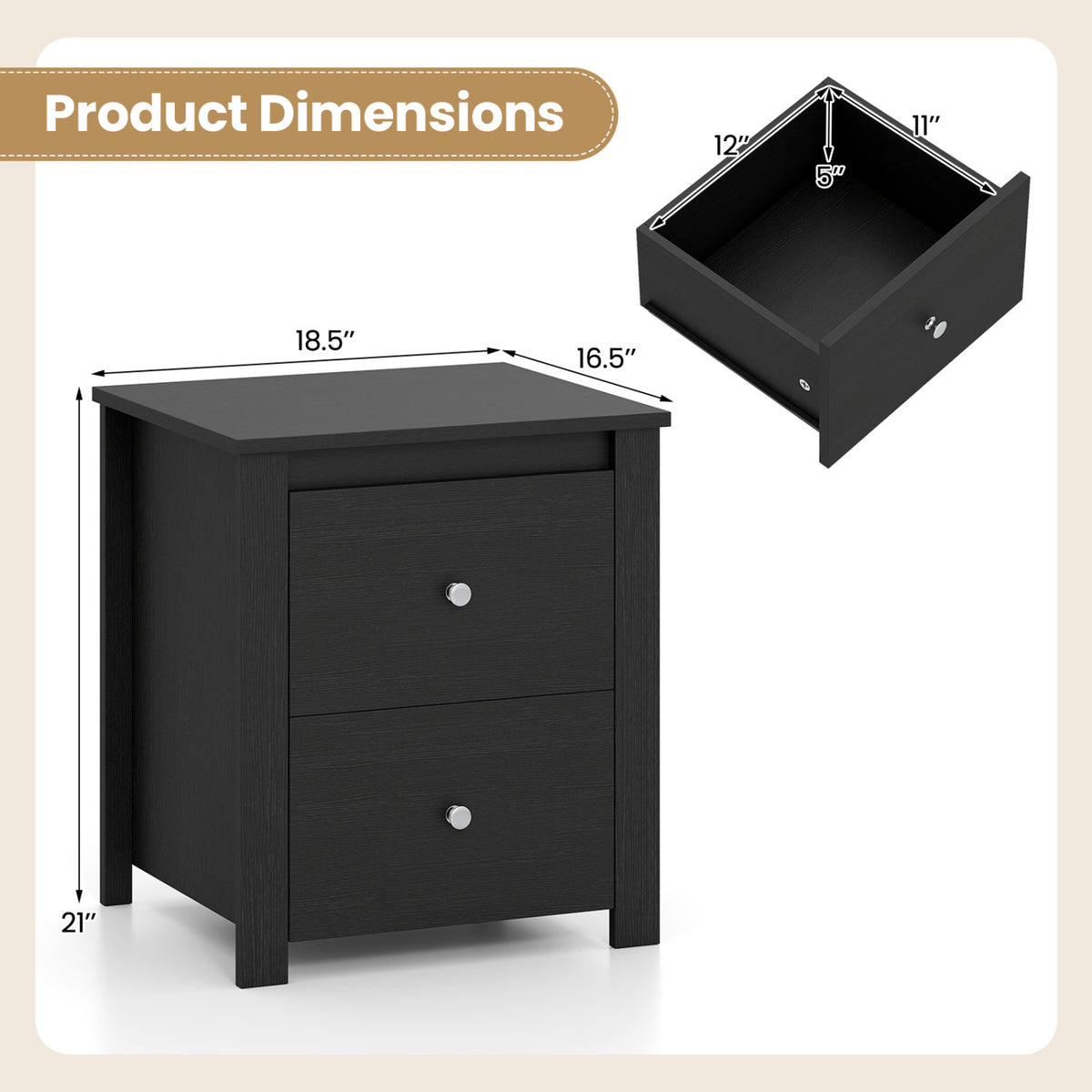 Nightstand with 2 Drawers & Storage for Bedroom Living Room Small Spaces-Black