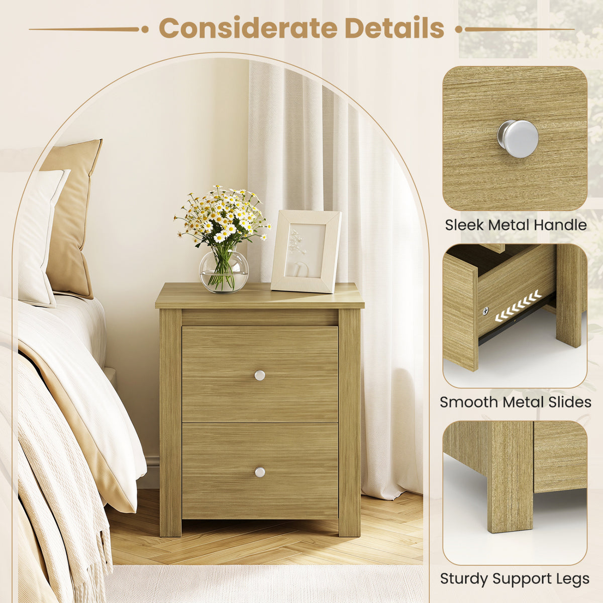 Nightstand with 2 Drawers & Storage for Bedroom Living Room Small Spaces-Natural