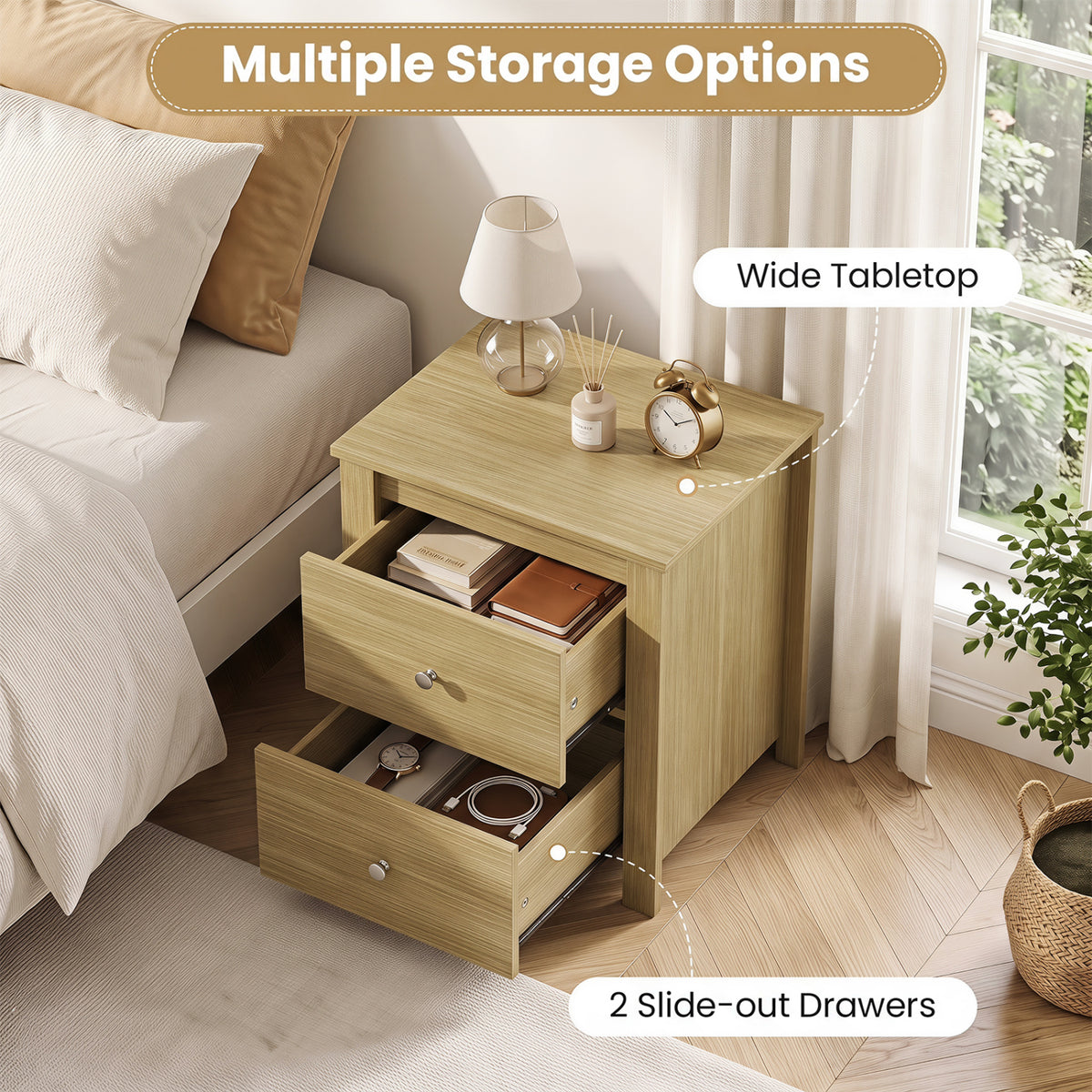 Nightstand with 2 Drawers & Storage for Bedroom Living Room Small Spaces-Natural