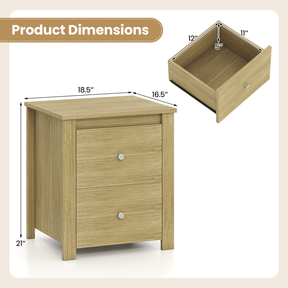Nightstand with 2 Drawers & Storage for Bedroom Living Room Small Spaces-Natural