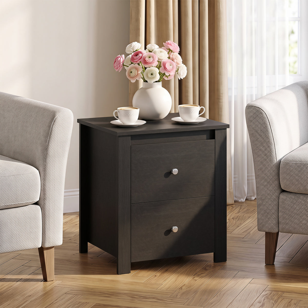 Nightstand with 2 Drawers & Storage for Bedroom Living Room Small Spaces-Black