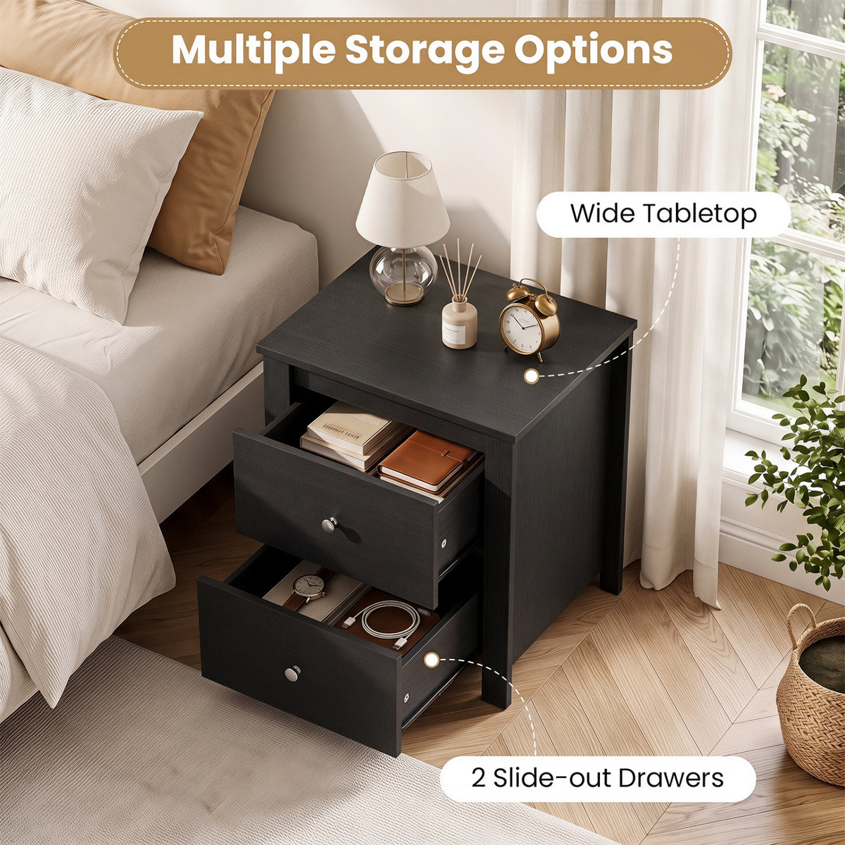 Nightstand with 2 Drawers & Storage for Bedroom Living Room Small Spaces-Black