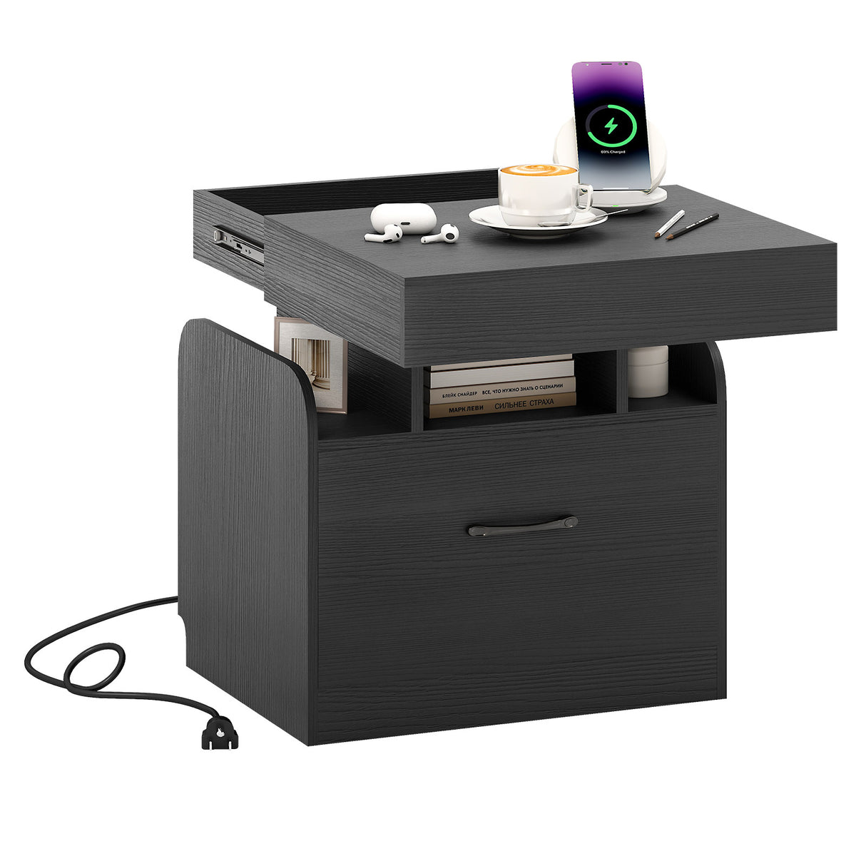 Nightstand with Charging Station Modern Bedside Table for Living Room Bedroom Office-Black