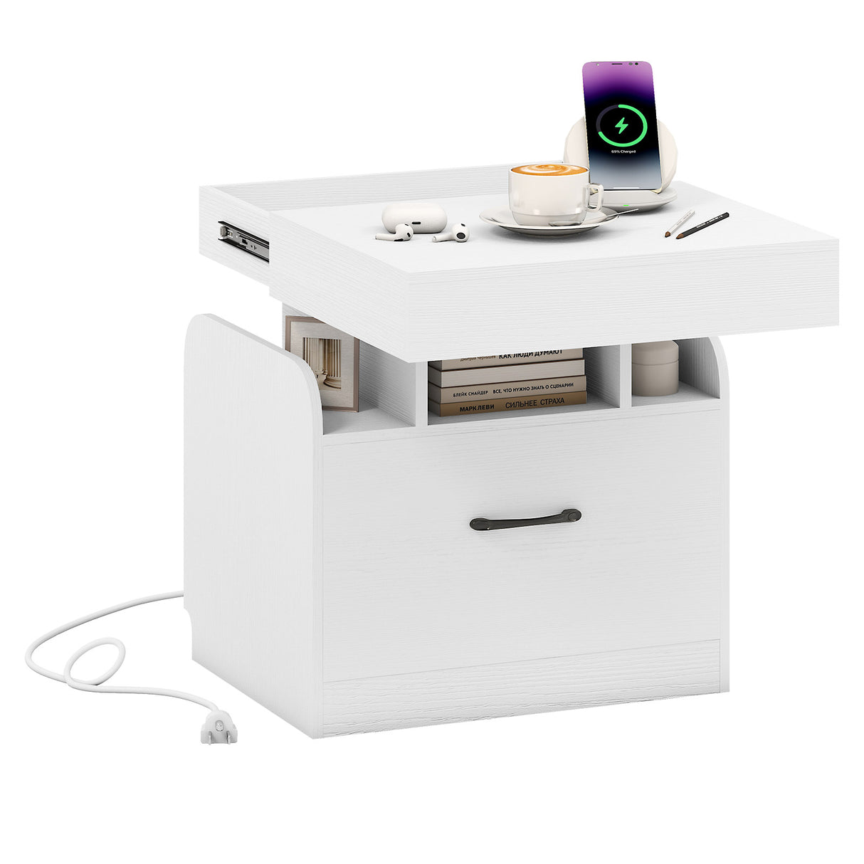 Nightstand with Charging Station Modern Bedside Table for Living Room Bedroom Office-White