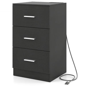 Nightstand with Charging Station End Table with 3 Storage Drawers Bedside Table for Bedroom-Black
