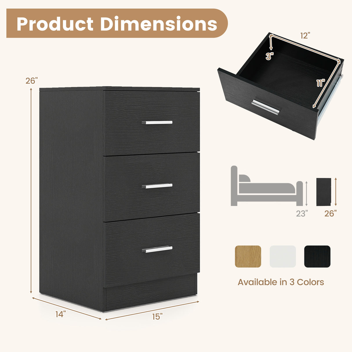 Nightstand with Charging Station End Table with 3 Storage Drawers Bedside Table for Bedroom-Black