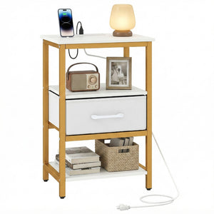 Nightstand with Charging Station and Adjustable Fabric Drawer for Bedroom and Living Room-1 Piece