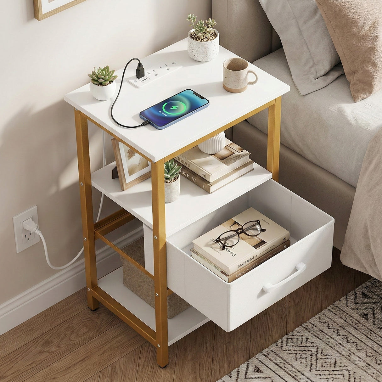 Nightstand with Charging Station and Adjustable Fabric Drawer for Bedroom and Living Room-1 Piece